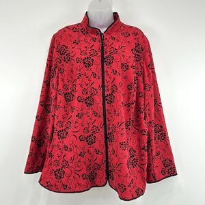 Notations Jacket Womens 3X Red‎ Floral Velvet Burnout Full Zip Mature Lagenlook